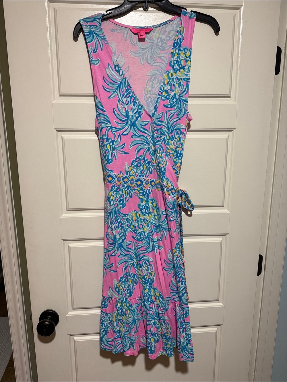 Lilly Pulitzer Pink Midi Dress with Aqua Tropical Motif - Picture 2 of 7